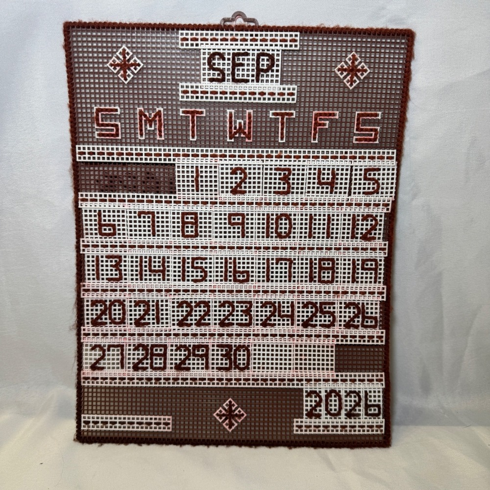 Handmade Plastic Canvas Perpetual Calendar Brown White Needlepoint Wall Hanging